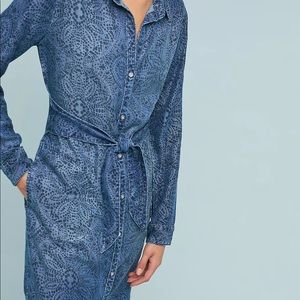 Anthropologie cloth & stone Blue Printed Long Sleeve Tie-Waist Shirt Dress